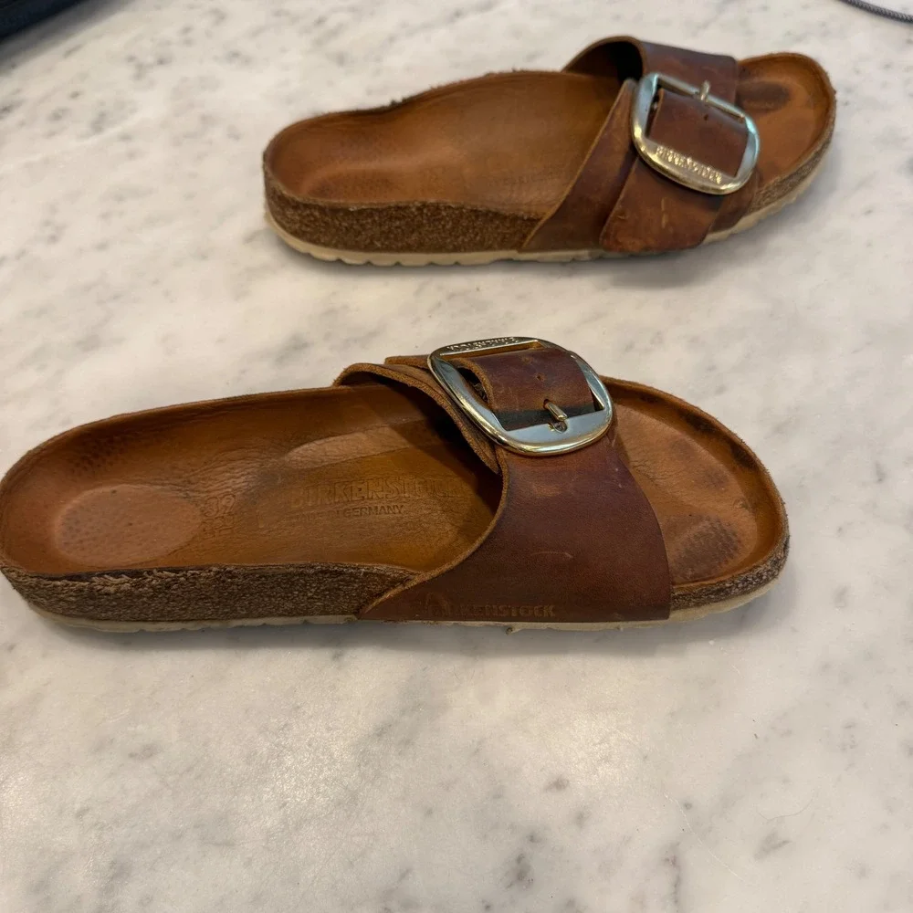 Birkenstock Madrid Big Buckle Cognac Oiled Leather Sandals Slides Womens 39 - Picture 6 of 8